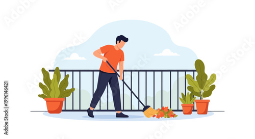 Man sweeping leaves on balcony with potted plants, spring cleaning, outdoor chores