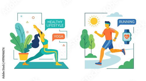 Illustrations showing active living with yoga and outdoor running, fostering fitness and mental well-being for a healthy lifestyle