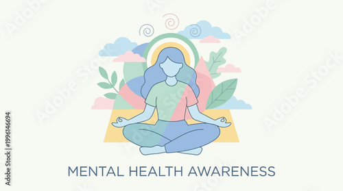 Cartoon illustration of a woman practicing yoga in a lotus pose on a beach by the sea during summer