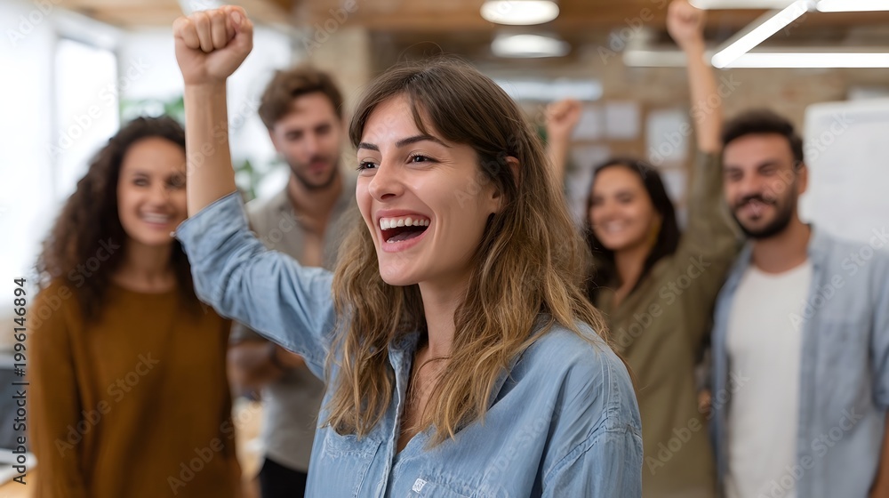 Fototapeta premium Diverse team members celebrating success and collabo n in a modern office environment expressing collective happiness and