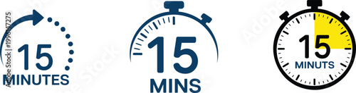 Three depicting 15 minutes, stopwatch, timer clock