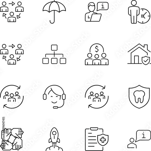 Business finance insurance organization support growth service icons, umbrella, house, shield, rocket, headset, clipboard, clock