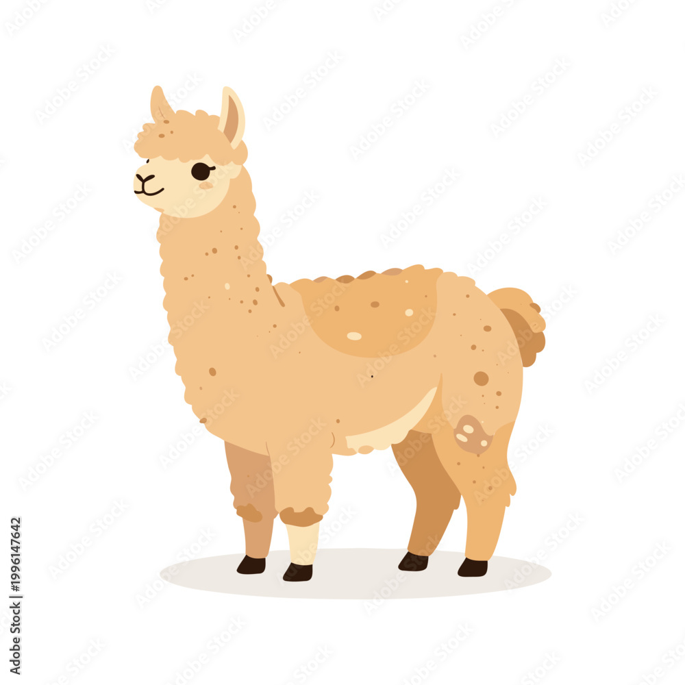 Fototapeta premium Adorable llama standing on a white background in a cartoon style illustration