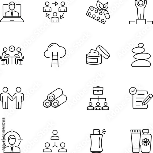 Business wellness personal care success progress icon set, pills, cream, towels, perfume, laptop, handshake, stones, document