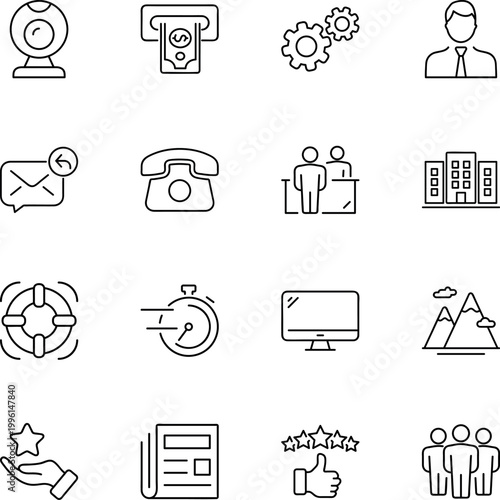 Business communication support service modern line icons, webcam, atm, businessman, email, telephone, building, monitor, rating, support