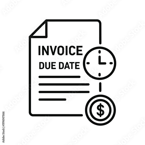 Invoice due date icon with a clock and a dollar coin symbol representing payment deadline and financial accounting isolated on white background, Vector