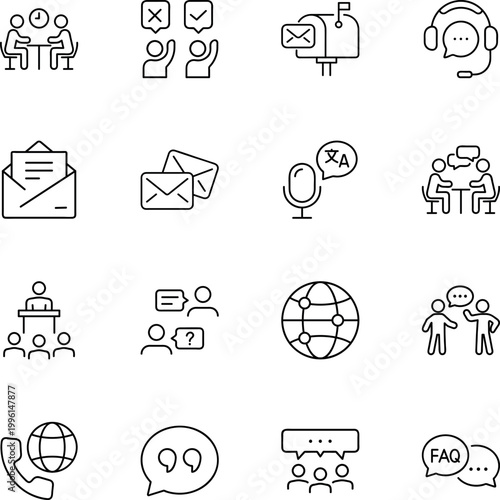 Communication discussion feedback global support interaction icons, people, envelope, mailbox, headset, microphone, globe, phone, speech bubble