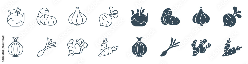 Fototapeta premium Root vegetable icon set with garlic, onion, ginger, carrot, and turnip in line and solid style