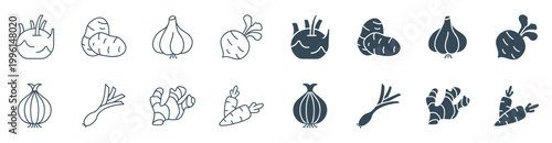Root vegetable icon set with garlic, onion, ginger, carrot, and turnip in line and solid style