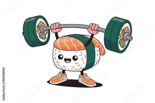 A cute sushi character lifting weights with sushi rolls on transparent background high-quality professional detailed modern elegant stylish clean crisp vibrant.