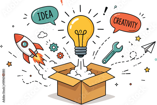 Creative idea bursting from box with innovation and imagination elements