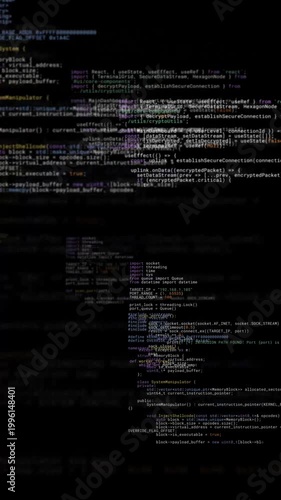 Seamless loop of programming code flying towards viewer. Vertical data space tunnel for cyber security and tech developer concept. AI vibe coding overlay.
