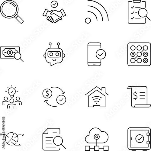 Digital business technology finance security online concepts, magnifying glass, handshake, wifi, money, robot, smartphone, network, cloud