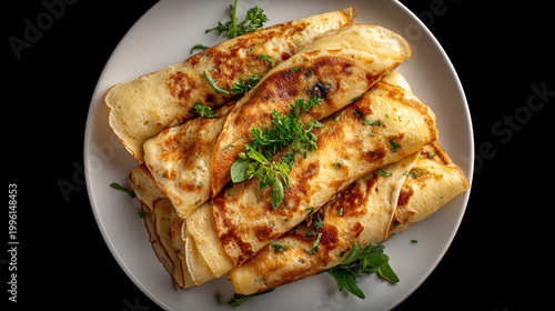 Stack of golden crepes with savory filling and fresh herbs, golden brown