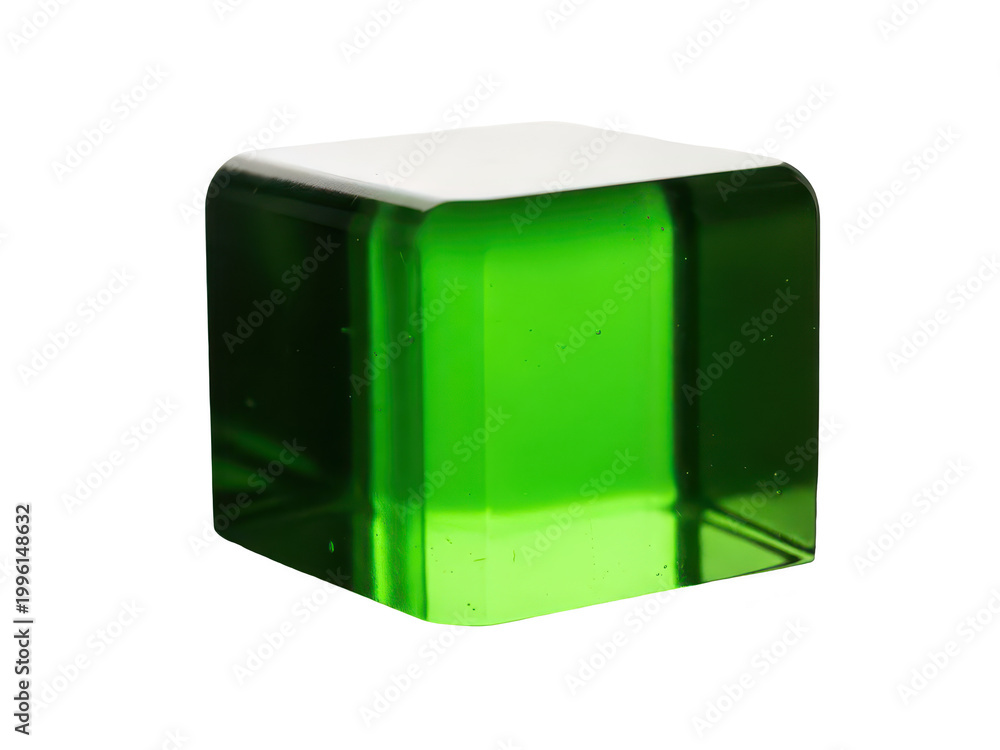 Fototapeta premium Glowing emerald green translucent glass cube with smooth edges and vibrant gradient lighting isolated on transparent background