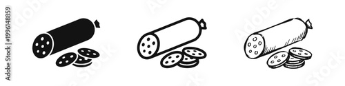 Salami Sausage Meat Icon Set Solid Outline and Hand Drawn Styles