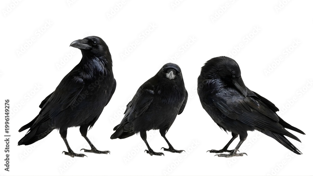 Fototapeta premium Three black crows standing on a transparent background with a white backdrop