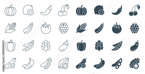Fruit and vegetable icon set with pumpkin, tomato, pepper, cherry, and banana in line and solid style