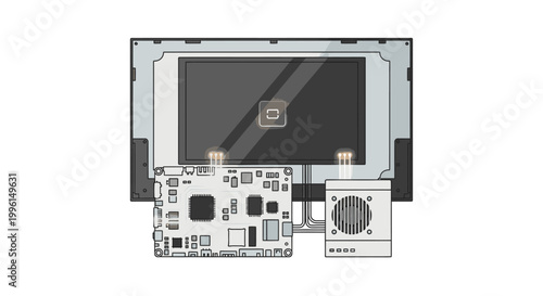 Detailed technical drawing of a disassembled electronic device with exposed circuitry and components on a white background.