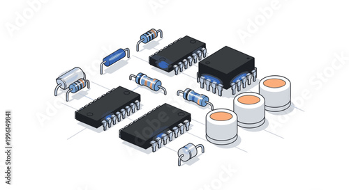 High-angle view of various electronic components including microchips, capacitors, and resistors arranged on a white background with a technical and industrial mood.