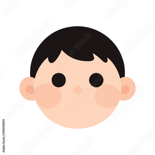 Cartoon style illustration of a young child's face with dark hair and rosy cheeks