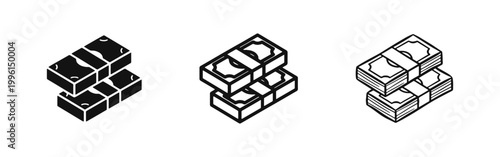 Cash Stacks Isometric Icon Set Solid Outline and Hand Drawn Styles
