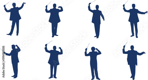 Eight blue silhouettes of conductors with batons orchestra