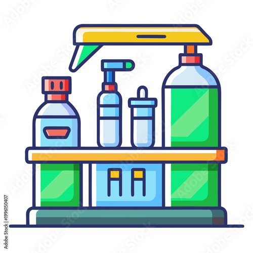 Cleaning Station With Various Bottles and Sprays