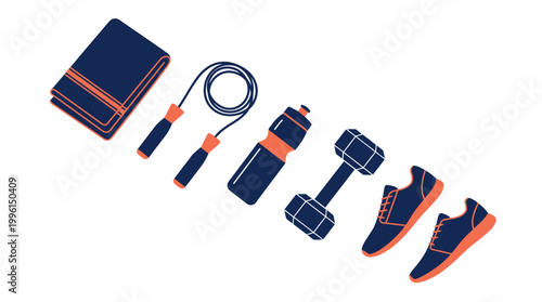 Flat lay illustration of fitness equipment and exercise gear for a healthy lifestyle.