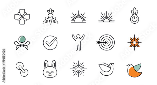 Set of modern outline icons for success, goals, and positive achievements