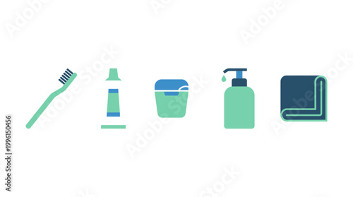 Set of bathroom hygiene and oral care accessories icons.