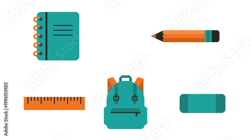 Set of school supplies including backpack notebook pencil ruler and case.