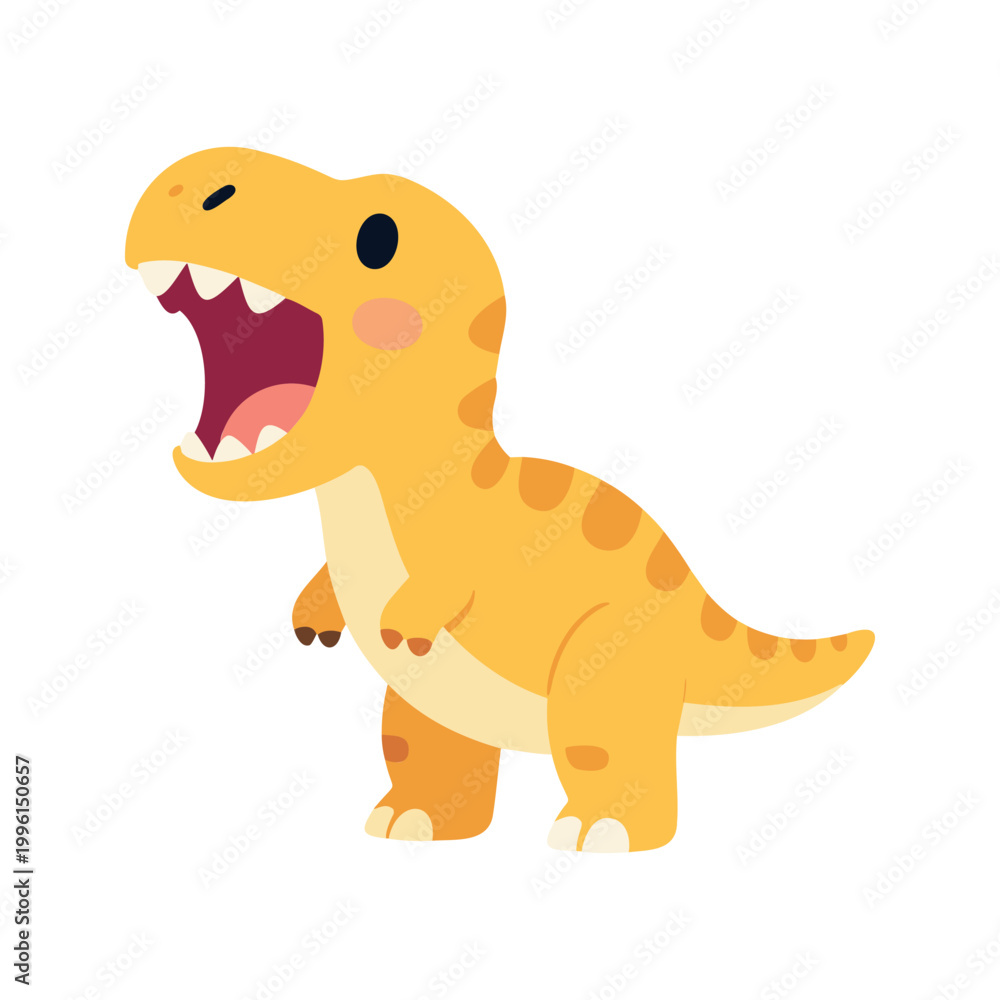 Obraz premium Cheerful tyrannosaurus rex with an open mouth standing in profile on a white background