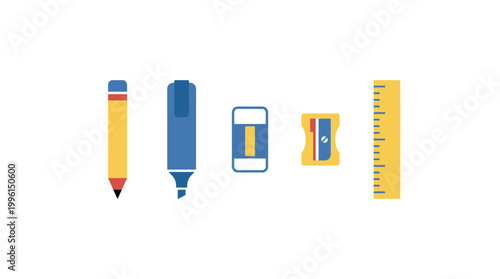 Set of colorful school stationery and office supplies isolated on white.