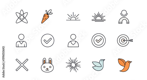 Set of Simple Icons: Atom, Carrot, Sunrise, Person, Target, Bunny, Dove