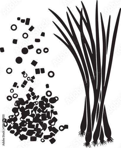 A bunch of black chives and scattered black peppercorns on a white background.