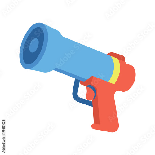 A colorful toy gun with a blue barrel and a red handle pointing diagonally upward