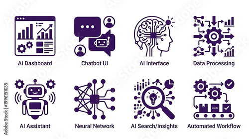 A collection of icons representing various AI technologies and applications in a modern digital environment
