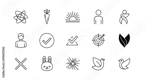 Set of 15 Minimalist Line Icons: Atom, Carrot, Sunrise, Person, Target, Dove, Cross