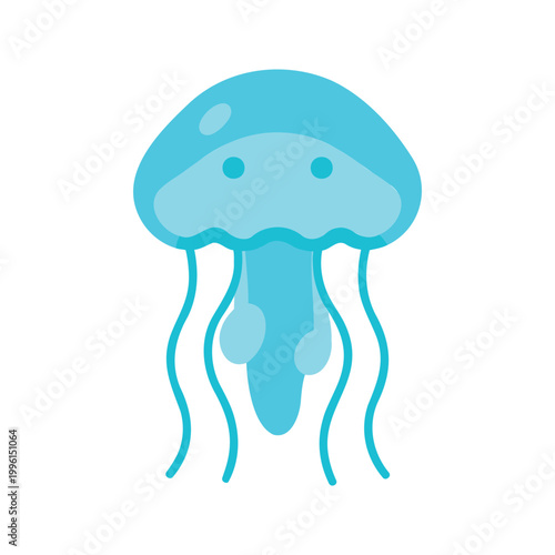 Cartoon jellyfish floats with its tentacles trailing behind it in the deep blue sea