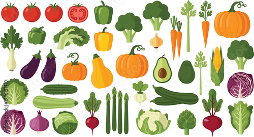 Colorful fresh organic vegetables collection set with tomato broccoli pumpkin avocado flat vector illustration