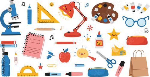 
Colorful Flat Style Back to School Vector Set with Microscope Lamp Palette Notebook Apple Scissors and Fun Supply Icons