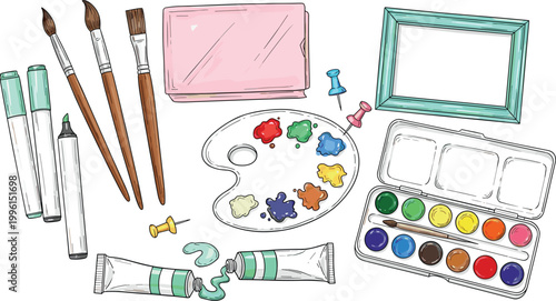 Hand Drawn Artist Supply Vector Set with Paint Brush Palette Watercolor Tube Frame Marker and Creative Art Tool Icons