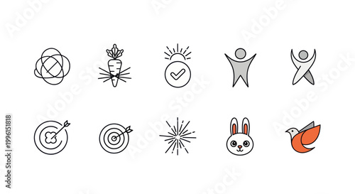 Set of 10 Modern Minimalist Icons: Success, Goals, Ideas, Business, and Lifestyle