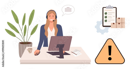 Customer support, logistics, troubleshooting, team communication, supply chain management, ecommerce assistance. Woman at desk using headset near checklist and warning sign. Customer support