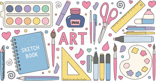Cute Pastel Art Supply Vector Set with Sketchbook Watercolor Palette Ink Brush Scissors Ruler and Creative Stationery Icons