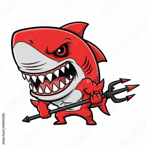 Tableau sur toile Angry Red Shark Character Holding a Trident.