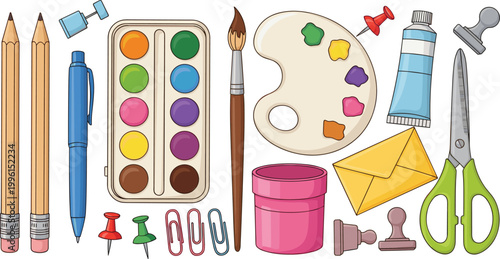 Colorful Cartoon Art and School Supply Vector Set with Watercolor Palette Brush Pencil Scissors and Office Stationery Icons