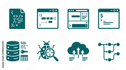 A collection of coding and programming icons illustrating various software development concepts