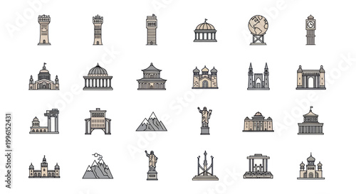 Pixel Art Landmarks Collection: Famous Buildings Icons and World Monuments Set